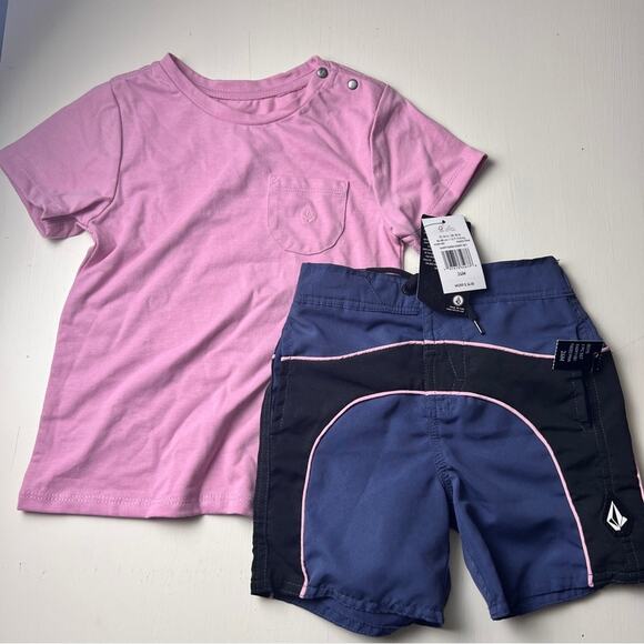 Volcom Kid’s Faded Pink Swim Short Sleeve and Short Set Sz 24 M NWT - Picture 2 of 11